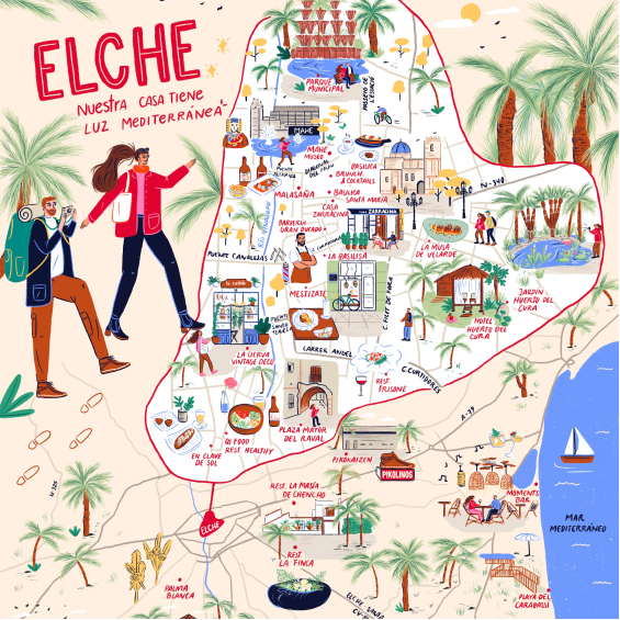 Mapa ilustrado de Elche con dos turistas caminando
